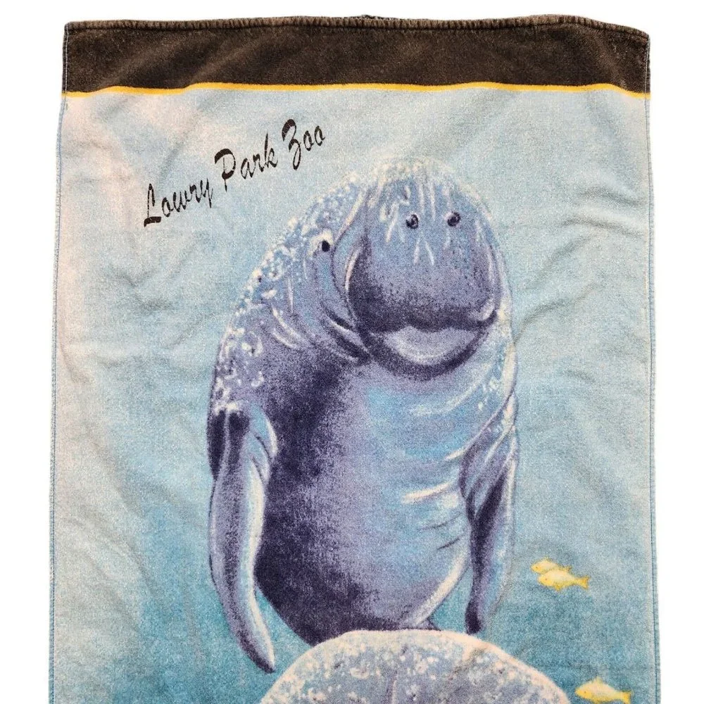 Manatees Zoo Souvenir Vintage Beach Towel Blue Yellow Fish 100% Cotton
